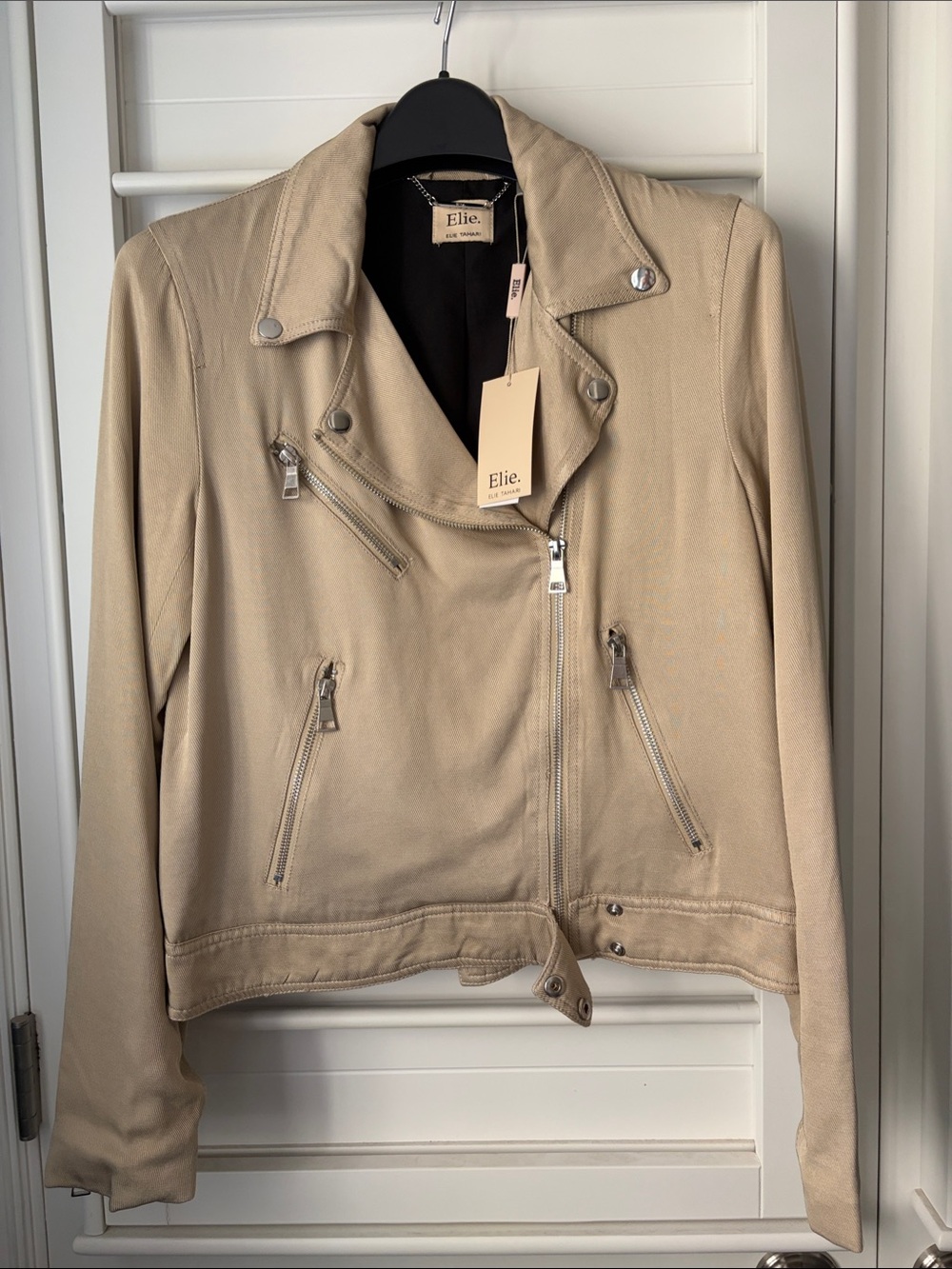Elie Tahari Beige Moto Jacket with Silver Hardware